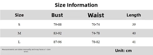 Detailed size chart showing bust and waist measurements for the V-neck polka dot camisole