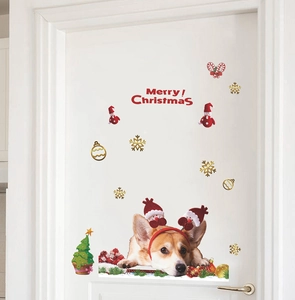 Detailed Christmas door decal featuring a cute Corgi, holiday gifts and Merry Christmas text