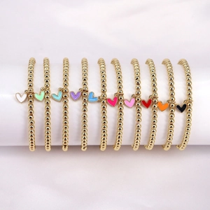 Women Fashion Copper Gold Bead Elastic Bracelet With Colorful Enamel Heart Pendant Sweet Elegant Heart Charm Bead Wristband Jewelry