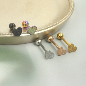 Frosted heart tongue rings in black, rainbow, silver, rose gold, and gold stainless steel