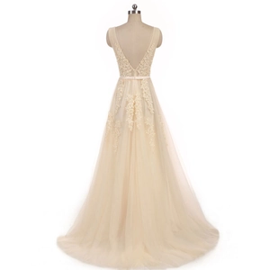 Elegant champagne V-neck A-line evening gown with lace appliques and tulle skirt