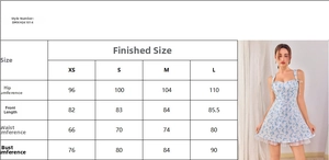 Detailed size chart for summer floral mini dress showing bust, waist, and hip measurements