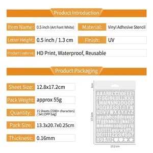 Detailed product specs of 0.5-inch waterproof vinyl alphabet stickers with UV finish
