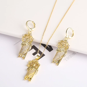 Detailed set of Virgin Mary gold-plated necklace and earrings with micro-inlaid diamonds