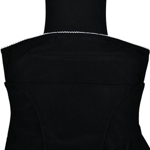 Close-up of black sleeveless dress back with delicate white lace trim on the halter neckline