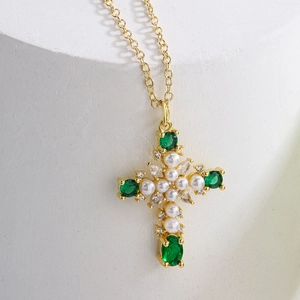18K gold plated cross pendant necklace with green zircon and pearls on white stone