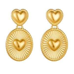 Gold-plated stainless steel heart and oval drop earrings with sunburst texture