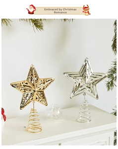 Close-up of gold and silver iron hollow star tree toppers with spring base stands