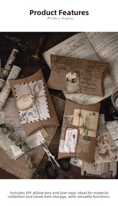 Dettaglio di scatole cuscino DIY vintage con corda, motivi botanici e stile rustico