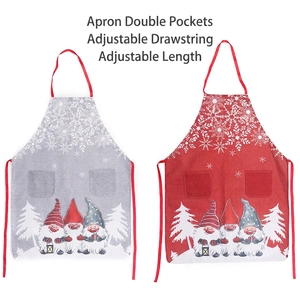 Christmas forest elf linen aprons with dual pockets and adjustable ropes in red and gray