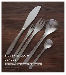Detailed top view of 5-piece matte 304 stainless steel cutlery set on wood background