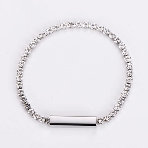 Polished silver stainless steel tennis bracelet with square magnetic charm and rhinestones