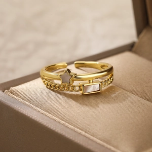 Double-layer gold plated ring featuring star and rectangular mother of pearl inlays