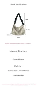 Detailed size specifications of a textured canvas tote bag with ruched handles
