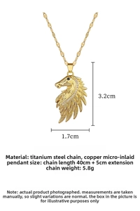 Macro detail of horse head pendant with micro-inlaid crystals and titanium steel chain