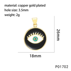 Detail showing an 18mm evil eye circular pendant dimensions in gold plated copper