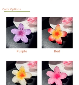 Close-up of four colorful frangipani flower hair claws in resin with soft gradients
