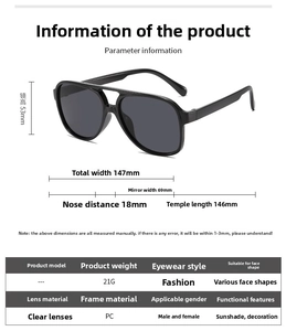Detailed size chart for vintage aviator sunglasses showing 147mm total width and PC frame