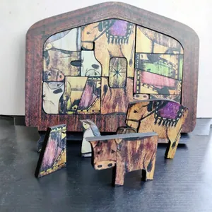 Handcrafted wooden nativity puzzle set with religious figures for Christmas home decor