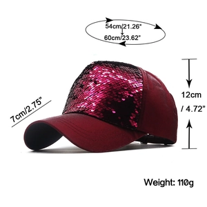 Detailed dimensions of burgundy sequin baseball cap with 7cm brim and adjustable size