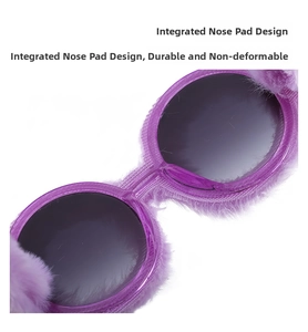 Detail of durable integrated nose pads on purple plush round frame sunglasses