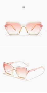 Macro detail of polygon gradient sunglasses with pink frames and dual viewing angles