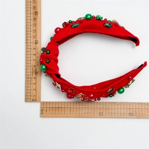 Padded red velvet Christmas headband with rhinestones, pearls and golden floral accents