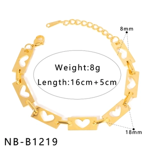 Detail view of gold heart cutout rectangular link bracelet with sizing measurements