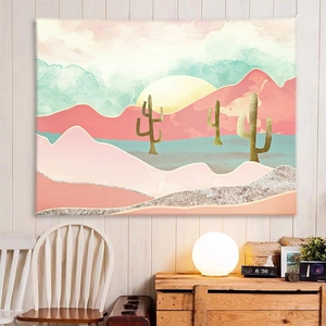 Detailed watercolor desert tapestry with cactus and pink mountains on a white wall