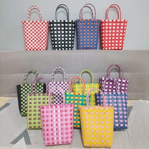 Woven Handbag PVC Plastic Bucket Bag Checkered Pattern Double Handle Summer Beach Casual Shopping Tote Gift Basket For Women