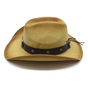 Classic straw western cowboy hat with a brown leather band and metallic star studs
