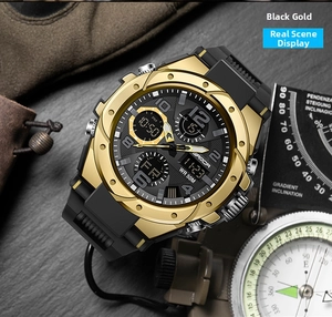 Close-up of SAMDA black gold dual-display waterproof sports watch for men on a compass