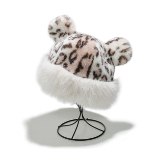 Plush leopard print winter hat with cute animal ears and thick faux fur warmth