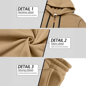 Details of khaki fleece zip-up hoodie featuring neckline and knit fabric texture