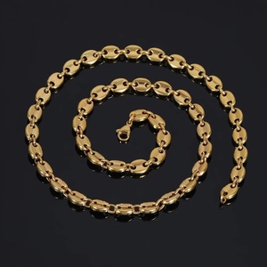 Golden 8mm stainless steel coffee bean link chain necklace for men on black background