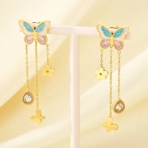 Golden butterfly tassel earrings with blue enamel and sparkling teardrop zircon stones