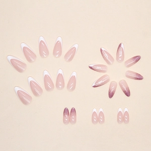 White French tip and purple glitter almond press-on nails set with 22 pieces