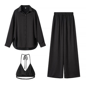 Ensemble 3 pièces noir en satin pour femme avec chemise, pantalon large et haut dos nu