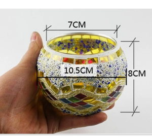 Detailed size specifications for a mosaic glass candle holder with dimensions 7x10.5x8cm