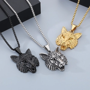Punk viking wolf head stainless steel pendant necklace in black silver and gold colors