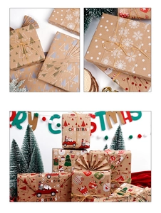 Detail of Christmas brown kraft wrapping paper with snowflakes and tree patterns on gift boxes