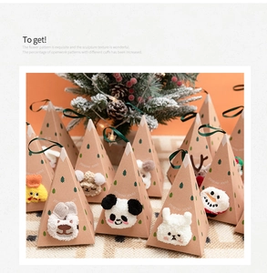 Christmas socks in pyramid gift boxes with cute plush animal figures on a cozy carpet