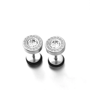 Silver round stud earrings with Greek key pattern and central sparkling crystal inlay