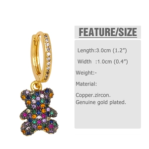 Detailed view of gold bear earrings with colorful zircon and 3.0cm size measurement