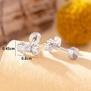 Silver bow knot stud earrings with cubic zirconia and screw back, size 0.8cm x 0.45cm