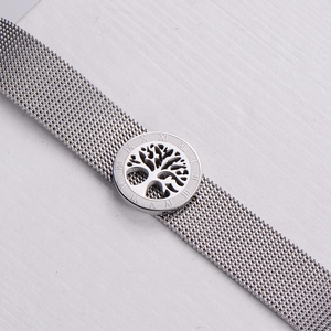 Silver stainless steel mesh bracelet featuring a tree of life charm and Roman numerals
