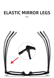 Detail of flexible elastic hinges and durable black mirror legs for anti-blue light glasses