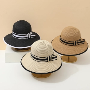 Women's summer straw sun hats with elegant lace bows and stripes in three classic colors