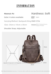 Detailed size chart for women's vintage PU backpack with A4 magazine comparison