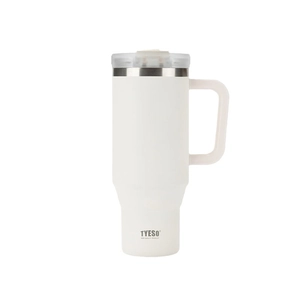 White 40oz stainless steel thermal tumbler with handle and straw for car travel